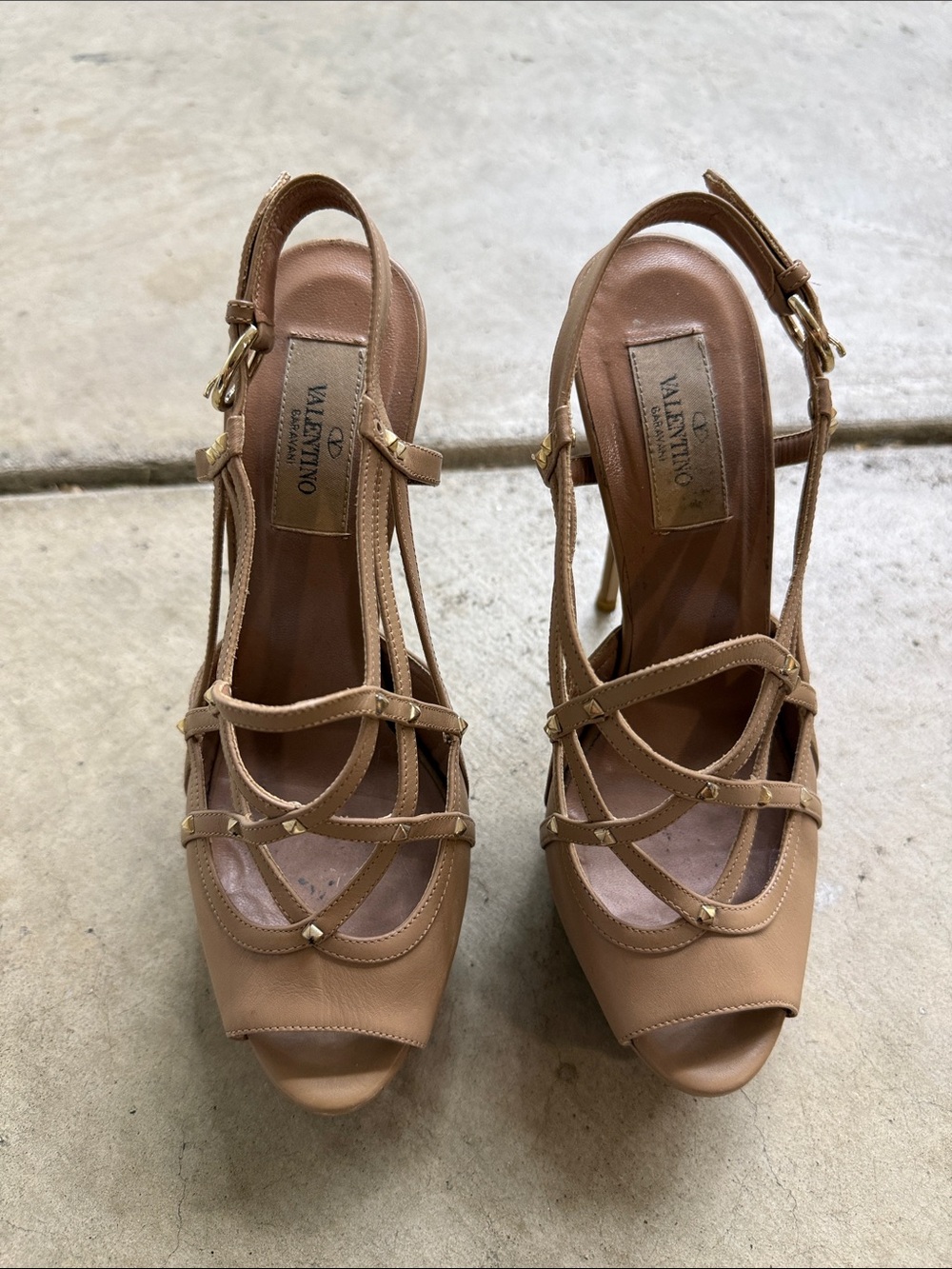 Valentino Tan Strappy Rockstud Peep-Toe Slingback Heels